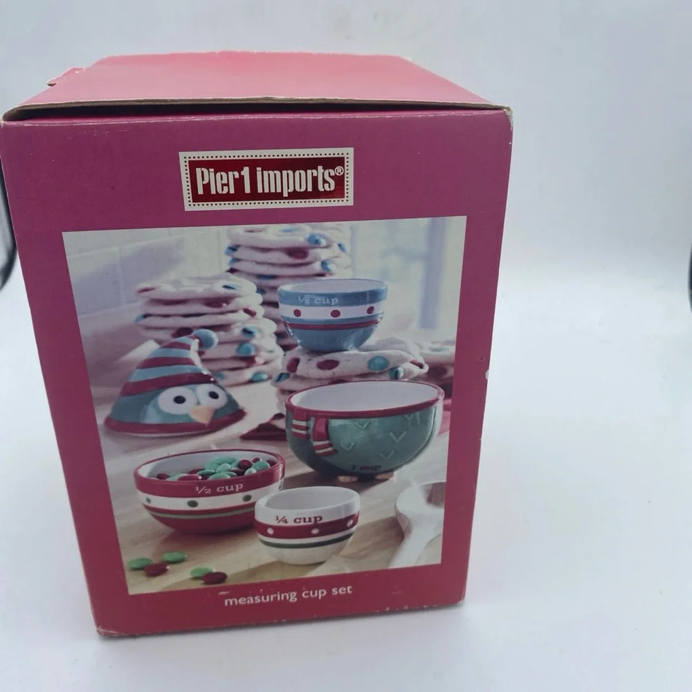 Pier 1 Imports Holiday Owl Nesting Measuring Cup set Handpainted New Open Box